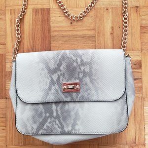 Parfois Purse Bag Heavy Metal Chain Snakeskin Print White/Grey
